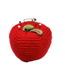 Vintage Handmade Crocheted Large Tomato Pin Cushion Red Green 2.5 x 2.75&quot; - $12.39