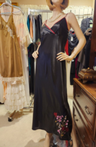 Valerie Stevens Sz L Black/Red Satin Maxi Slip Dress Nightgown Floral Embroidery - $34.64