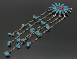 SOUTHWESTERN 925 Silver - Vintage Turquoise &amp; Coral Dangling Pendant - PT12233 - £61.86 GBP