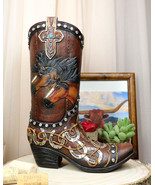 Rustic Western Running Horses Horseshoes And Cross Cowboy Boot Vase Scul... - €30,33 EUR