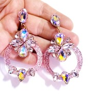 Pink AB Chandelier Earrings, Rhinestone Drop Earrings, Dangle Austrian Crystal J - £32.70 GBP