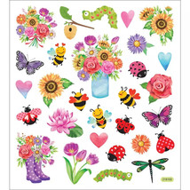 Stickers Spring Flowers Bugs Bees Ladybugs Sunflowers Hearts Glitter Jar - $11.99