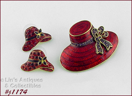 Primary image for Signed Eisenberg Ice Hat Shape Pin and Earrings Red Enamel (#J1174)