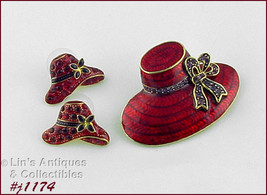 Signed Eisenberg Ice Hat Shape Pin and Earrings Red Enamel (#J1174) - £54.35 GBP