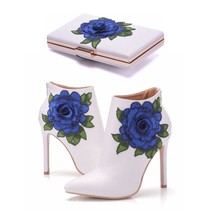 Blue Lace Wedding Shoes Sexy Women Boots Flower Thin High-Heel Ankle Boots With  - £86.61 GBP