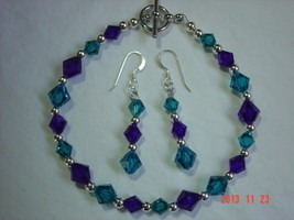 Royal Blue and Aqua Blue Swarovski Crystal and Silver Bracelet & Earring Set  - £15.95 GBP