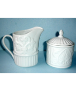 Gorham Bavaro White Sugar Bowl &amp; Creamer Embossed Floral Scroll &amp; Rib Ne... - $28.22