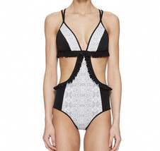 Nwt Jonathan Simkhai Cut Out Ruffled One-piece In White/black Size L - £56.72 GBP