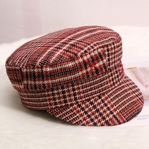 H751 British Vintage Plaid Beret Hat Women Autumn Winter Flat Top Warm Navy Cap  - $140.00
