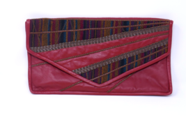 Towanny Vintage Red Leather Envelope Clutch Bag Boho Mixed Media Woven T... - $59.99