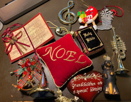 Lot Of 10 Assorted Christmas Ornaments Holy bible Doggy M&amp;M Man Horns Music Book - £9.55 GBP