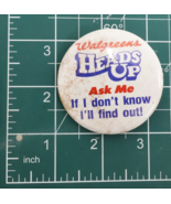 Vintage Walgreens Heads Up Employee Pinback Button 2 3/16in - £7.07 GBP