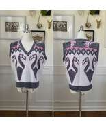 Vintage 80s Jolie Flamingo Pink Grey White Sweater Vest M - €23,48 EUR