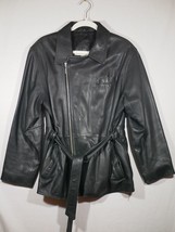 Valerie Stevens Womens Lamb Leather Belted Jacket Black Asymmetric Zip Pockets M - £19.65 GBP