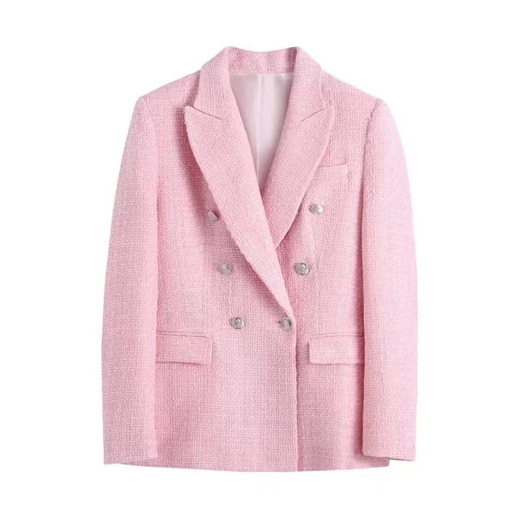 Za  Chic Pink Blazer Office Lady   Plaid Oversized Long Jackets Women Long Sleev - £127.84 GBP