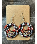 Floral Red Black Round Dangle Drop Pierced Earrings New - $9.00