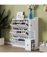 White Entryway Shoe Cabinet, Pull-Down Seat, Tipping Flip Drawers, Max - €242,43 EUR
