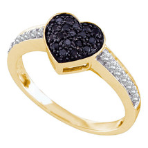 10k Yellow Gold Black Diamond Cluster Womens Heart Love Fashion Ring - £272.37 GBP