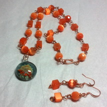 Copper Wire Wrapped Orange Fiber Optics and Floral Glass Necklace Set - $17.59