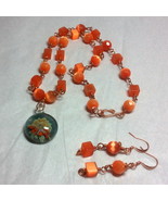 Copper Wire Wrapped Orange Fiber Optics and Floral Glass Necklace Set - £13.93 GBP