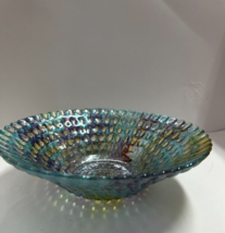 Hobnail Bowl Dish Art Glass Blue Silver iridescent  8 inch - $69.00