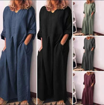 Linen and Cotton Long-sleeve Dress, Plus Size Loose Long Dress with Pockets - $30.99