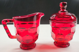 Viking Georgian Ruby Creamer Sugar &amp; Lid Set Vintage Red Honeycomb Glassware Lot - £28.74 GBP