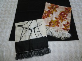 2 Vintage KANEBO Fringed GEOMETRIC &amp; BUTTERFLIES SILK SCARVES--15 1/2&quot; x... - £23.98 GBP
