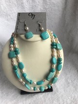 Our Family Jewels flat turquoise stone necklace pearl 2 strand earring set OFJ - £80.96 GBP