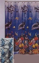 DOLPHINS UNDERSEA WORLD BLUE FABRIC SHOWER CURTAIN AND HOOKS BATH ROOM S... - £29.11 GBP