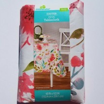 Spring Easter Floral Vinyl Tablecloth 60 x 102 Pink Blooms on White Background - $22.99