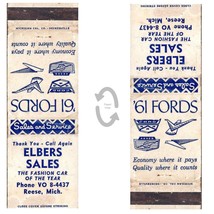 Vintage Matchbook Cover Elbers Sales Reese Michigan Ford Car Dealership 1961 - £7.73 GBP