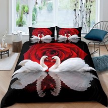 White Swan Bedding Set Red Rose Duvet Cover King Size,Birds Wildlife Comforter C - £62.15 GBP