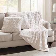 Ivory 50&quot; X 60&quot; Comfort Spaces Ruched Faux Fur Plush 3 Pc. Throw Blanket Set - £41.38 GBP