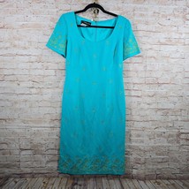 Vintage Donna Morgan Womans Dress Size 6 Teal Gold Embroidered Linen Blend Lined - $15.88