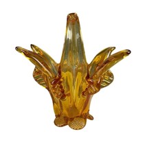 Vtg Amber Art Glass Basket Vase Hand Blown Murano Style Mid-Century Decorative - $28.04