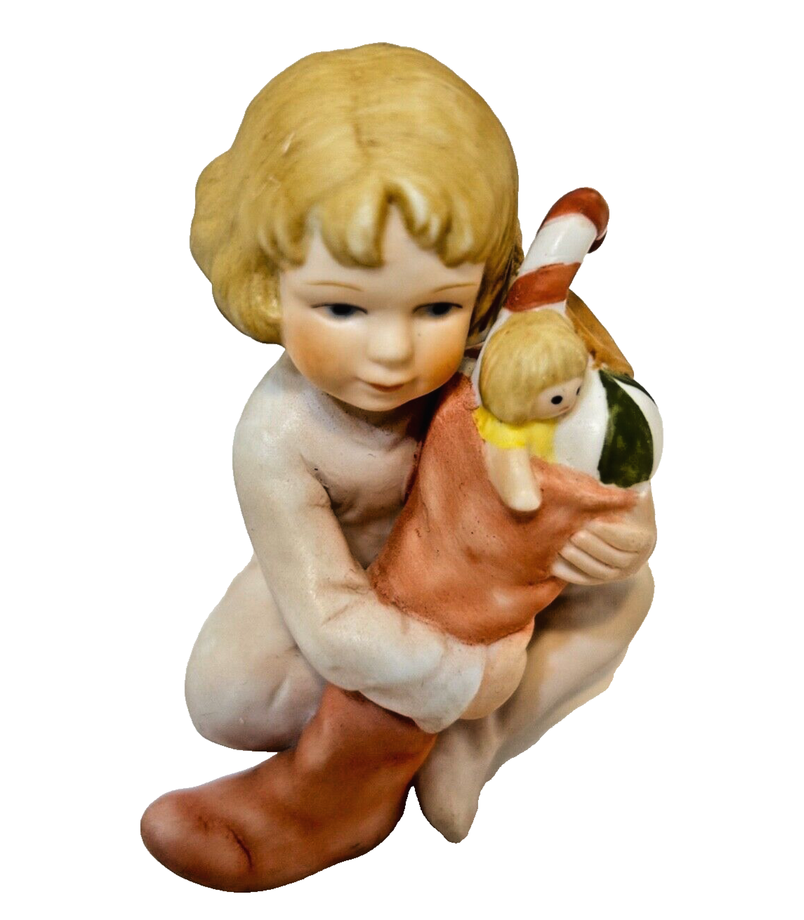 Primary image for Vintage 1982 Enesco Christmas Porcelain Little Girl with Stocking Figurine 3"