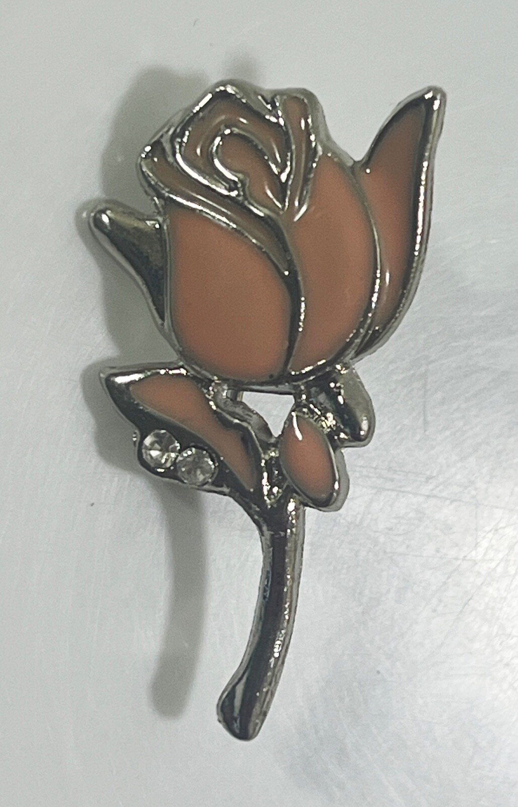 Silver Tone Pink Enameled ROSEBUD Diamond Rhinestones Brooch Lapel Pin - $8.90