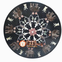 36&quot; Black Marble Round Coffee Table Tops, Multi Stone Floral Arts Hallway Decors - £1,857.08 GBP