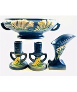 Roseville Pottery USA Freesia Set:1 Compote Bowl, 2 Candleholders &amp; 1 Co... - £198.72 GBP