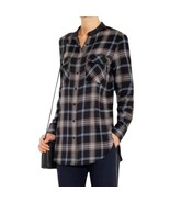 Vince Black Blue Gray Plaid Button-Up Shirt Genuine Leather Band Collar ... - $544.67 MXN