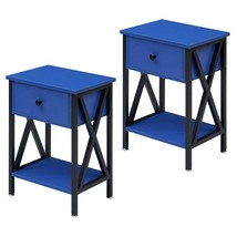 Set of 2 - 1 Drawer Nightstand in Dark Blue and Black - £166.10 GBP