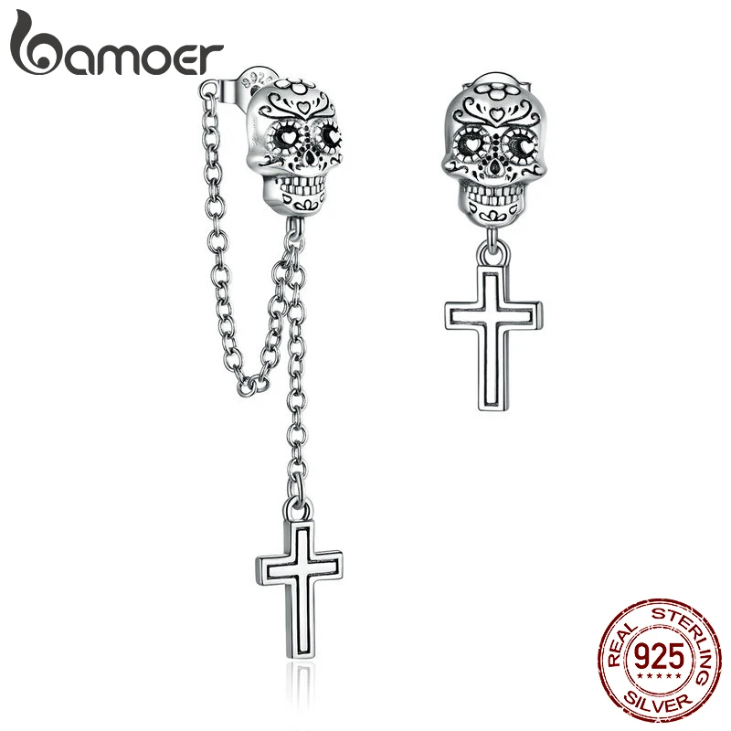 Authentic 925 Sterling Silver Skull with Cross Stud Earrings for Women Silver ea - £22.75 GBP