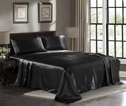 Satin Sheets King [4-Piece, Black] Hotel Luxury Silky Bed Sheets - Extra Soft 1 - £49.16 GBP