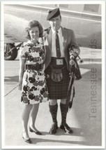 Man Scottish Kilt w/ Bagpipes Woman Retro Floral Dress by Plane B&amp;W Photo Vtg. - £14.92 GBP