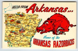 Postcard Greetings From Arkansas Map Chrome Home Of The Razorbacks Hog Unposted - £9.01 GBP