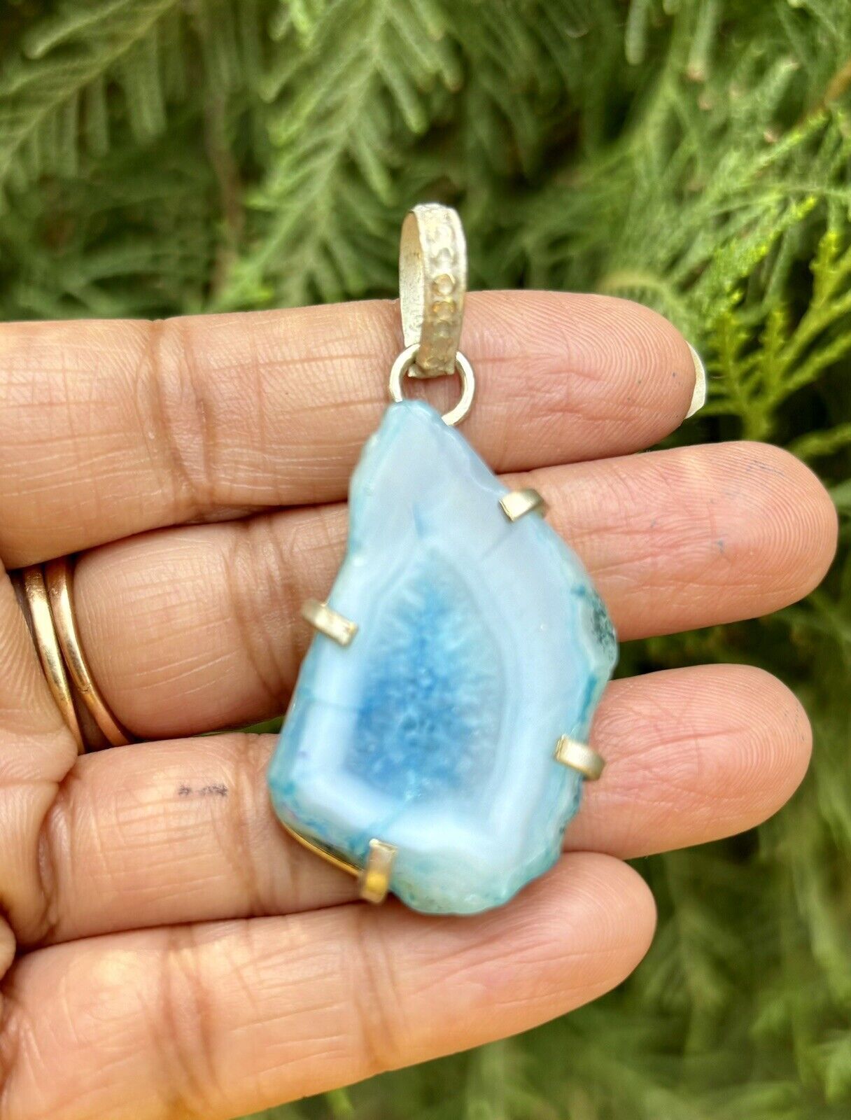 Pendentif en pierre d&#39;agate géode druzy plaqué argent sterling 925 bleu... - $12.08