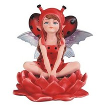 Lady Bug Baby Fairy 91870 on Water Lily Flower Figurine 4.25&quot; H Resin Red - £23.74 GBP