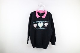 Vtg 90s Country Primitive Womens 2XL Quilt Heart Collared Sweatshirt Black USA - £43.02 GBP