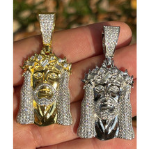 Uomo Diamanti Finti Gesù Pendente Testa 14K Argento Placcato Oro Religioso - £152.53 GBP